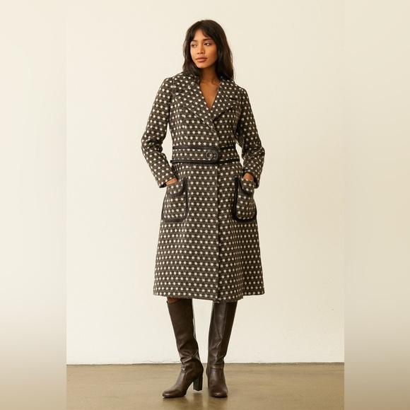 Vintage 60s Pea Coat Women’s Size 8 Grey White Polka Dot Belted Pockets Lined